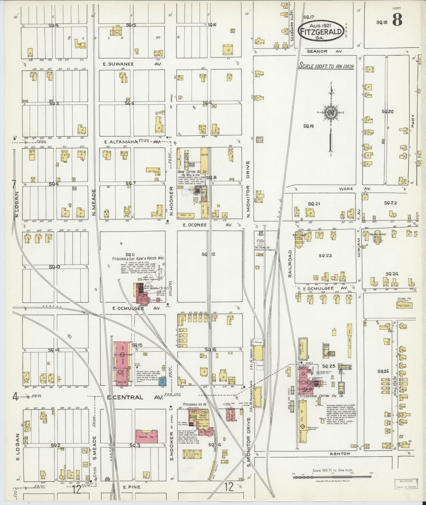 Sanborn Fire Insurance Map from Fitzgerald, Ben Hill County, Georgia (1921), Sheet #0008 - Historic Sanborn Fire Insurance Map Print, vintage old map wall art, antique decor, genealogy gift, Georgia Georgia map