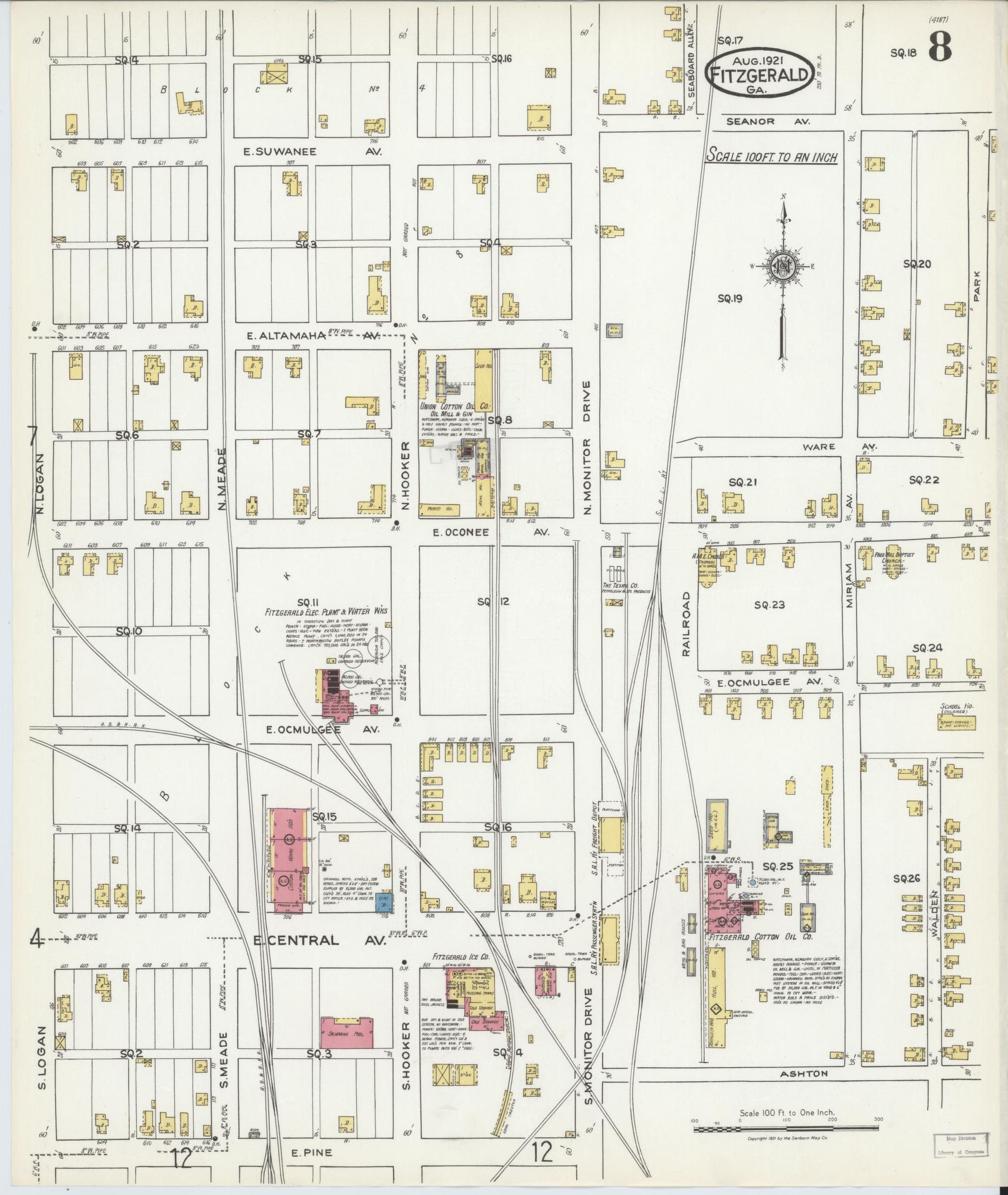 Sanborn Fire Insurance Map from Fitzgerald, Ben Hill County, Georgia (1921), Sheet #0008 - Historic Sanborn Fire Insurance Map Print, vintage old map wall art, antique decor, genealogy gift, Georgia Georgia map