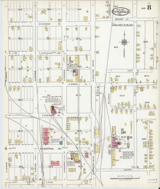 Sanborn Fire Insurance Map from Fitzgerald, Ben Hill County, Georgia (1921), Sheet #0008 - Historic Sanborn Fire Insurance Map Print, vintage old map wall art, antique decor, genealogy gift, Georgia Georgia map
