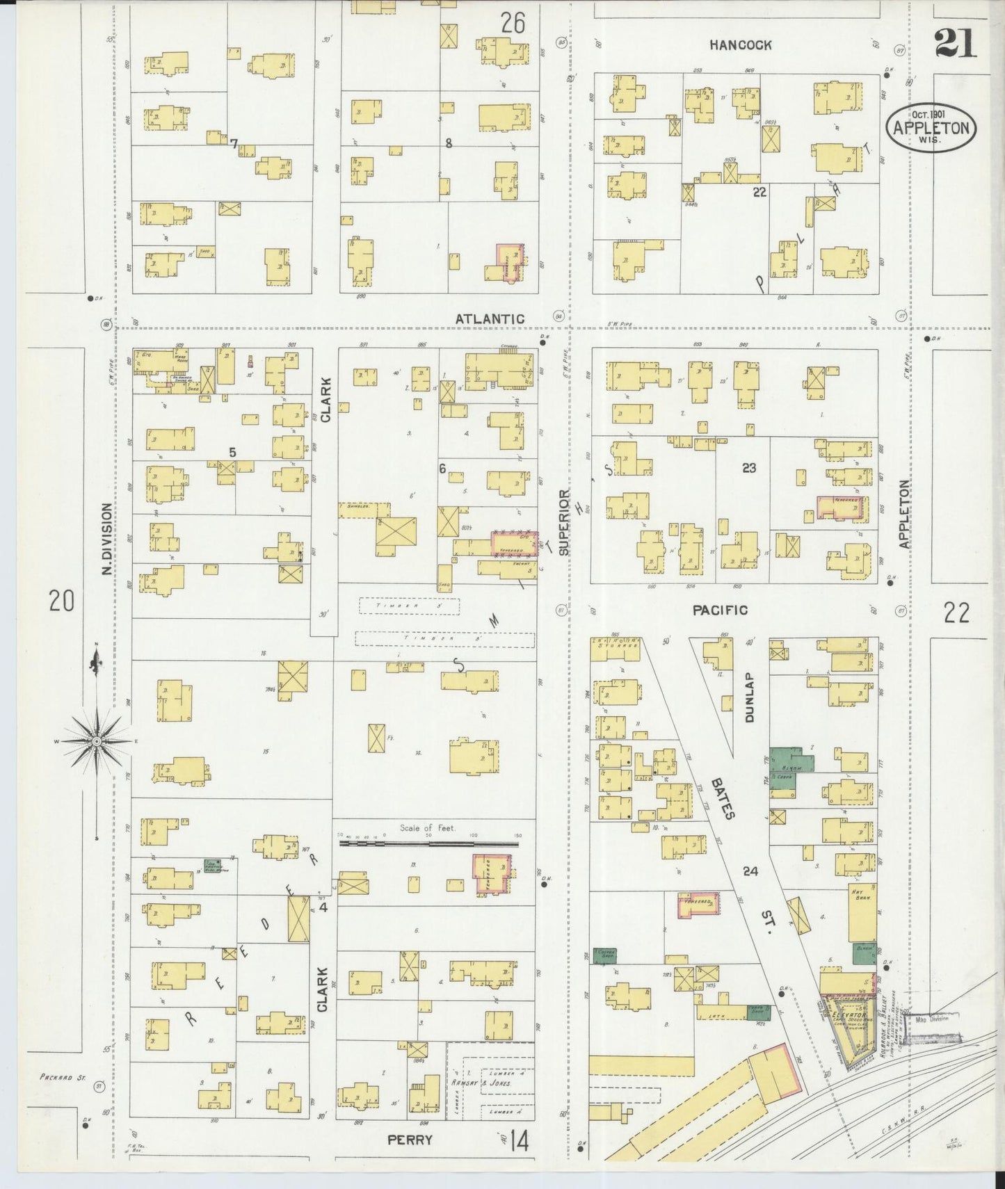 Sanborn Fire Insurance Map from Appleton, Outagamie County, Wisconsin (1901), Sheet #0021 - Historic Sanborn Fire Insurance Map Print, vintage old map wall art, antique decor, genealogy gift, Wisconsin Wisconsin map