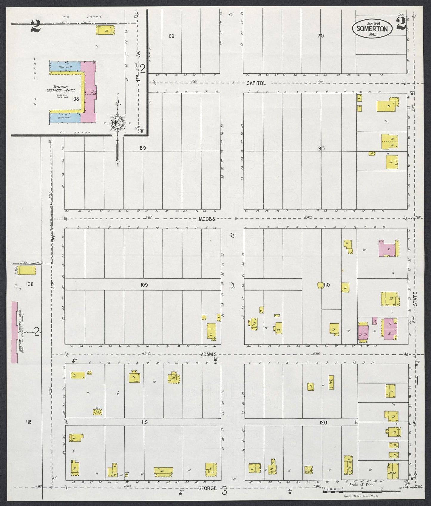 Sanborn Fire Insurance Map from Somerton, Yuma County, Arizona (1926), Sheet #0002 - Historic Sanborn Fire Insurance Map Print, vintage old map wall art, antique decor, genealogy gift, Arizona Arizona map