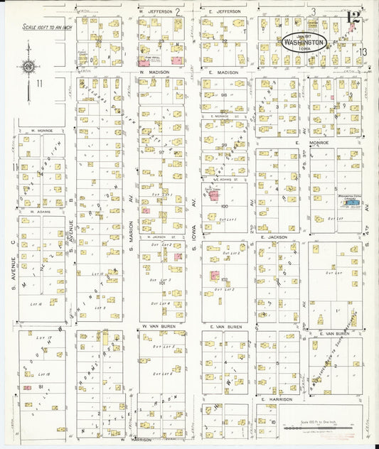 Sanborn Fire Insurance Map from Washington, Washington County, Iowa (1917), Sheet #0012 - Historic Sanborn Fire Insurance Map Print, vintage old map wall art, antique decor, genealogy gift, Sanborn Fire Insurance Map from Washington Washington map