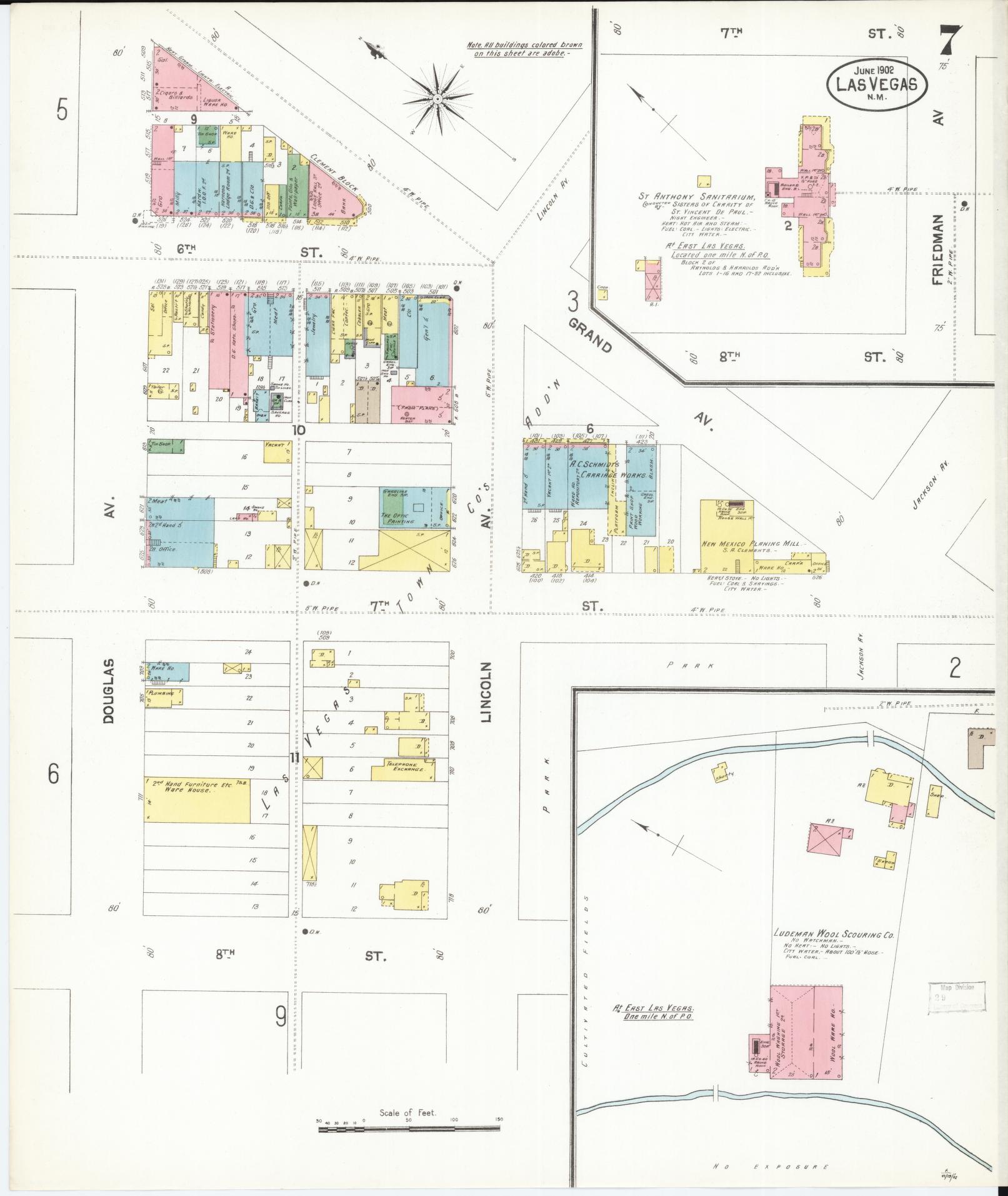 Sanborn Fire Insurance Map from Las Vegas, San Miguel County, New Mexico (1902), Sheet #0007 - Historic Sanborn Fire Insurance Map Print, vintage old map wall art, antique decor, genealogy gift, New Mexico New Mexico map