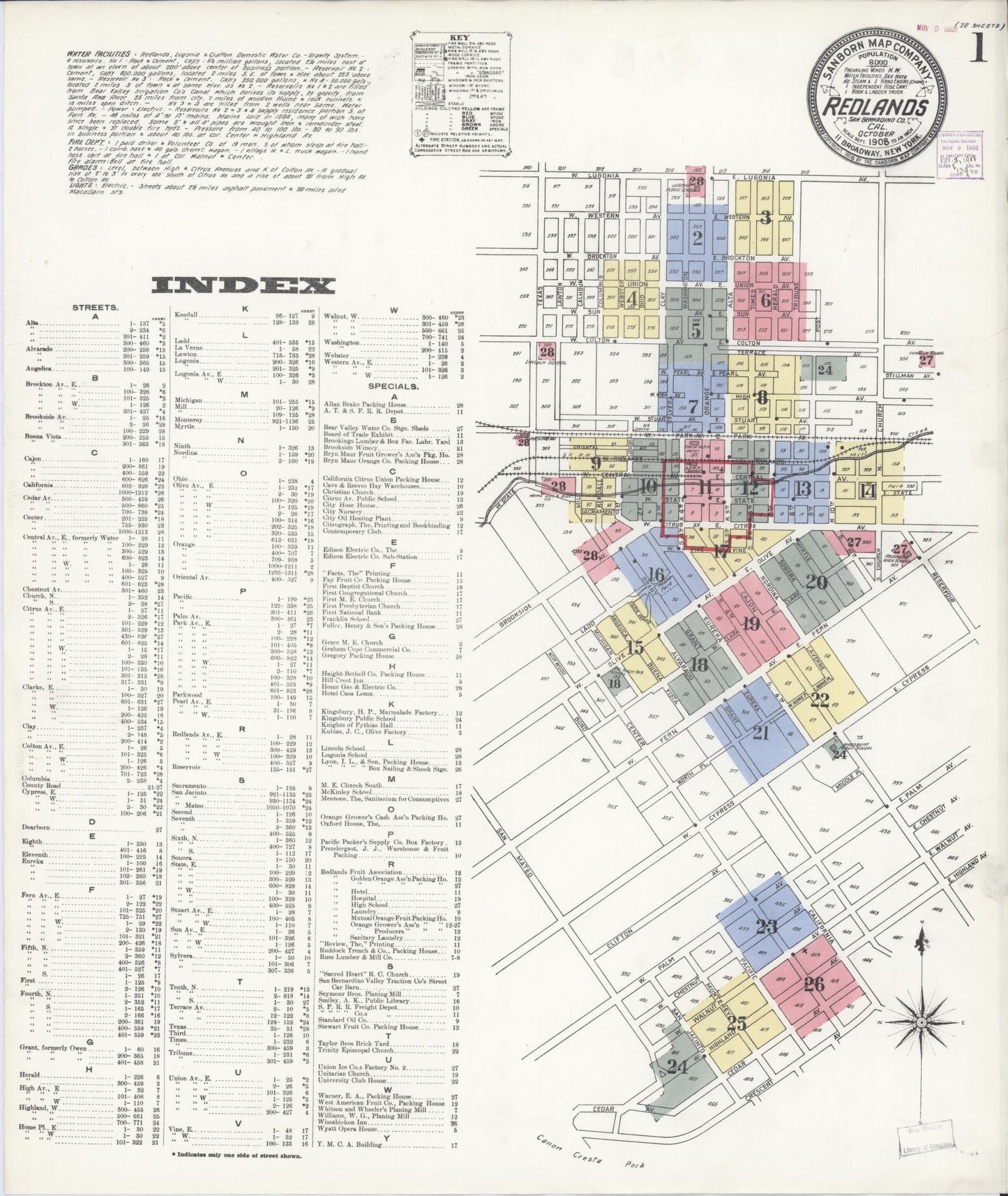 Sanborn Fire Insurance Map from Redlands, San Bernardino County, California (1908), Sheet #0001 - Complete Map Set gallery image, historic Sanborn map, vintage wall art, California California