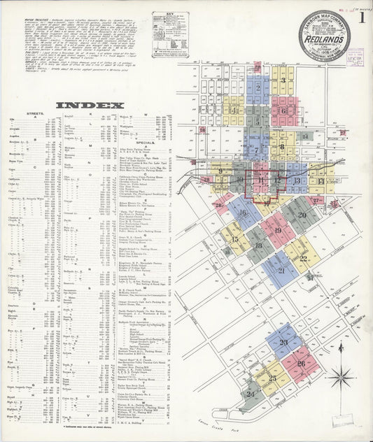 Sanborn Fire Insurance Map from Redlands, San Bernardino County, California (1908), Sheet #0001 - Complete Map Set gallery image, historic Sanborn map, vintage wall art, California California