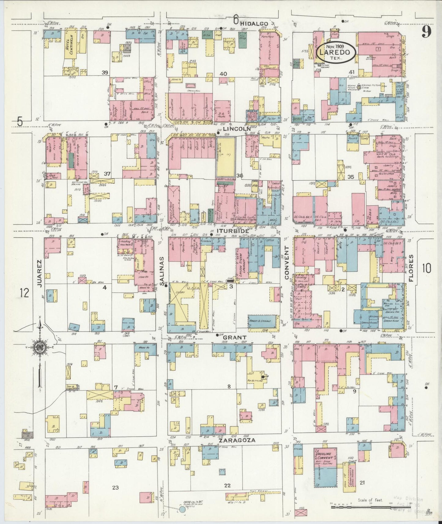 Sanborn Fire Insurance Map from Laredo, Webb County, Texas (1909), Sheet #0009 - Historic Sanborn Fire Insurance Map Print, vintage old map wall art, antique decor, genealogy gift, Texas Texas map