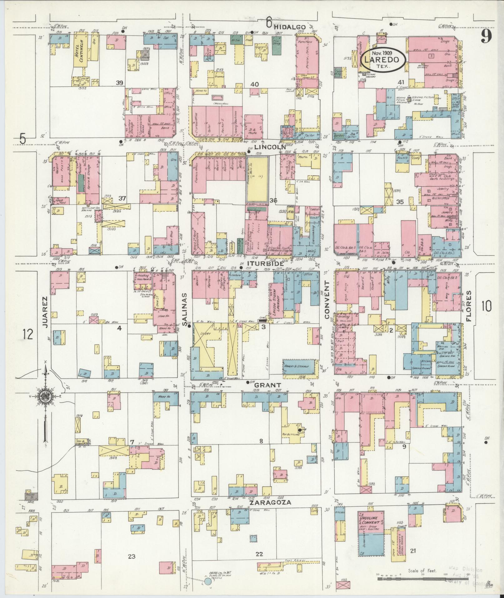 Sanborn Fire Insurance Map from Laredo, Webb County, Texas (1909), Sheet #0009 - Historic Sanborn Fire Insurance Map Print, vintage old map wall art, antique decor, genealogy gift, Texas Texas map