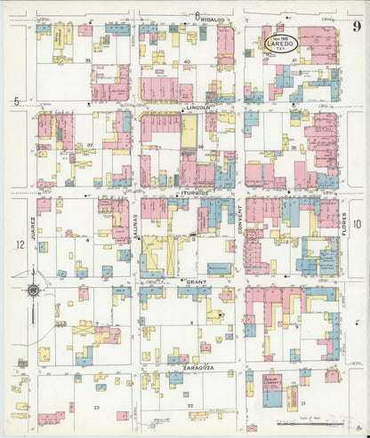 Sanborn Fire Insurance Map from Laredo, Webb County, Texas (1909), Sheet #0009 - Historic Sanborn Fire Insurance Map Print, vintage old map wall art, antique decor, genealogy gift, Texas Texas map