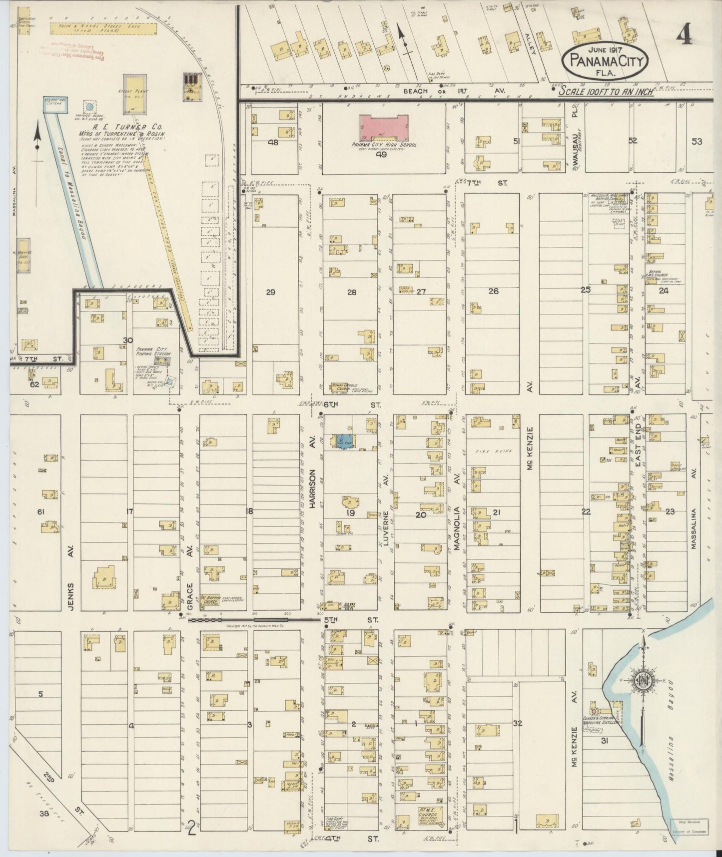 Sanborn Fire Insurance Map from Panama City, Bay County, Florida (1917), Sheet #0004 - Historic Sanborn Fire Insurance Map Print, vintage old map wall art, antique decor, genealogy gift, Florida Florida map