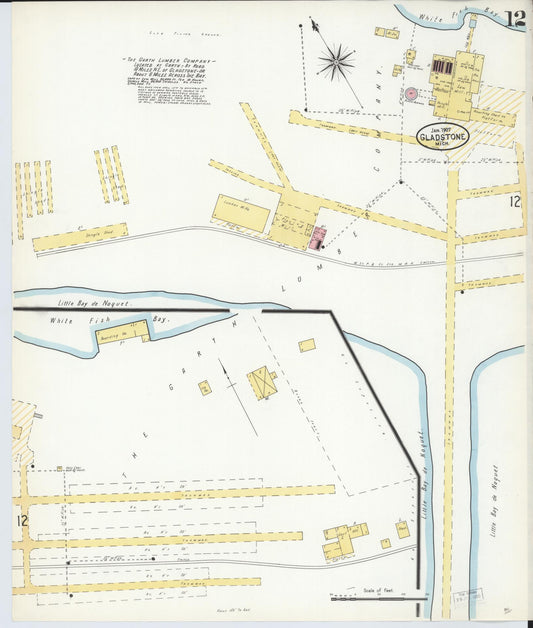 Sanborn Fire Insurance Map from Gladstone, Delta County, Michigan (1907), Sheet #0012 - Historic Sanborn Fire Insurance Map Print, vintage old map wall art, antique decor, genealogy gift, Michigan Michigan map