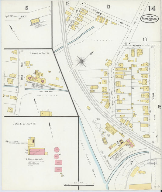 Sanborn Fire Insurance Map from Parkersburg, Wood County, West Virginia (1904), Sheet #0014 - Historic Sanborn Fire Insurance Map Print, vintage old map wall art, antique decor, genealogy gift, West Virginia West Virginia map