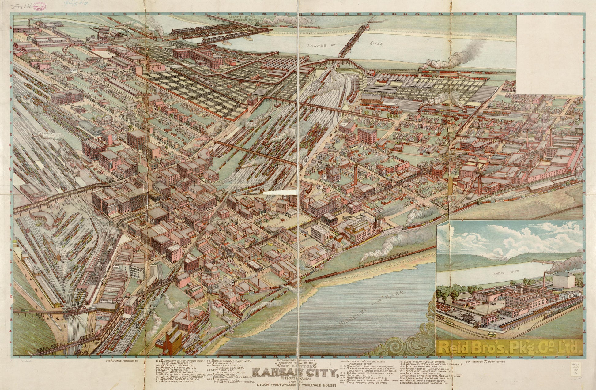 Panoramic view of the west bottoms, Kansas City, Missouri & Kansas showing stock yards, packing & wholesale houses. (1895) – Historic Bird’s-Eye View Panorama Print