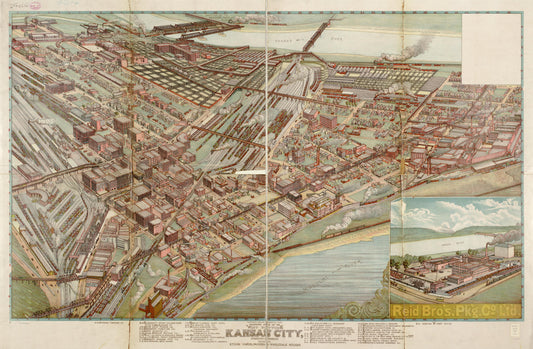 Panoramic view of the west bottoms, Kansas City, Missouri & Kansas showing stock yards, packing & wholesale houses. (1895) – Historic Bird’s-Eye View Panorama Print