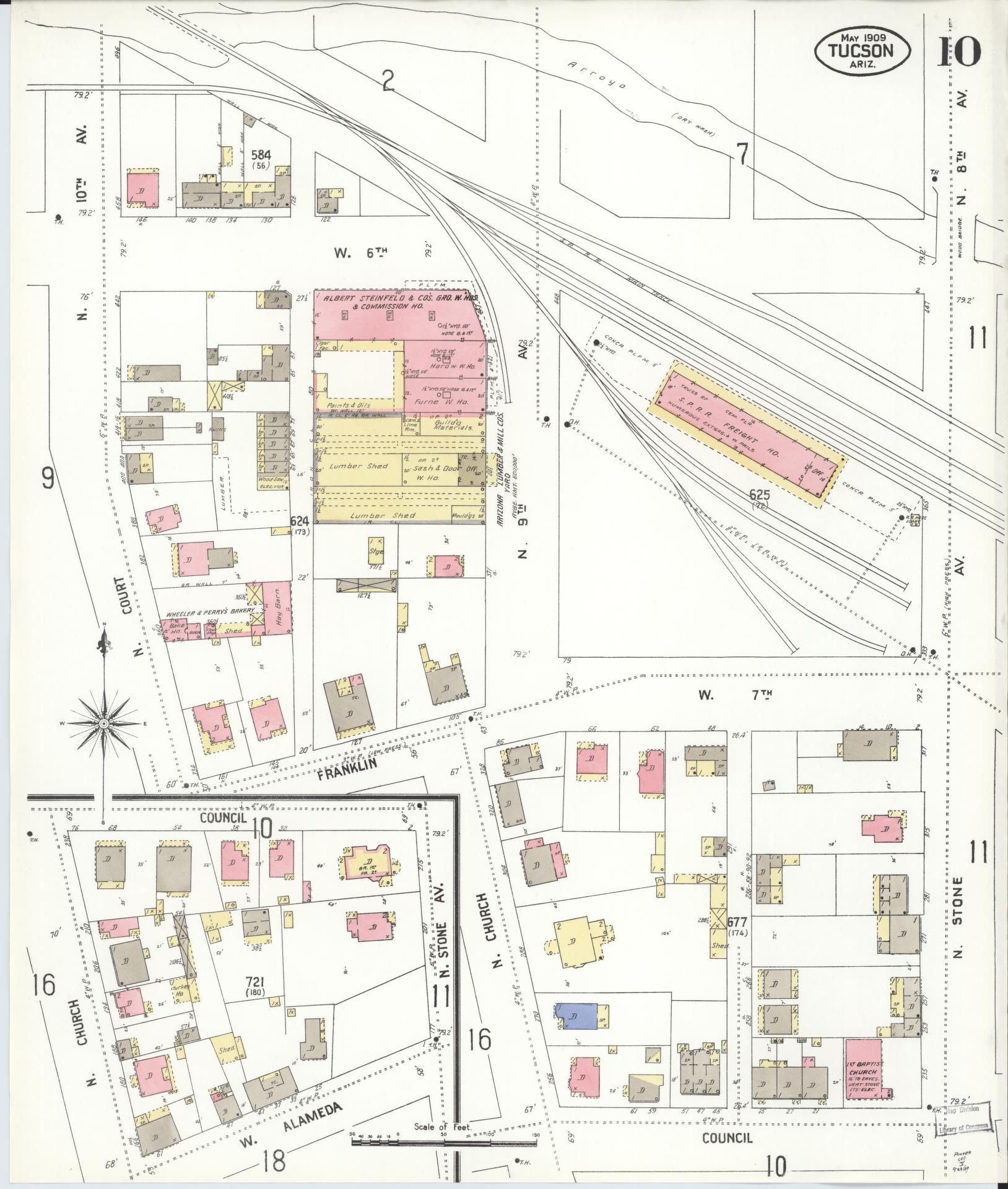 Sanborn Fire Insurance Map from Tucson, Pima County, Arizona (1909), Sheet #0010 - Historic Sanborn Fire Insurance Map Print, vintage old map wall art, antique decor, genealogy gift, Arizona Arizona map