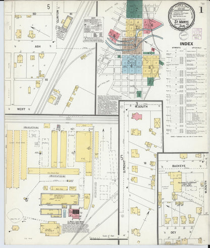 Sanborn Fire Insurance Map from Saint Marys, Auglaize County, Ohio (1901), Sheet #0001 - Historic Sanborn Fire Insurance Map Print, vintage old map wall art, antique decor, genealogy gift, Ohio Ohio map
