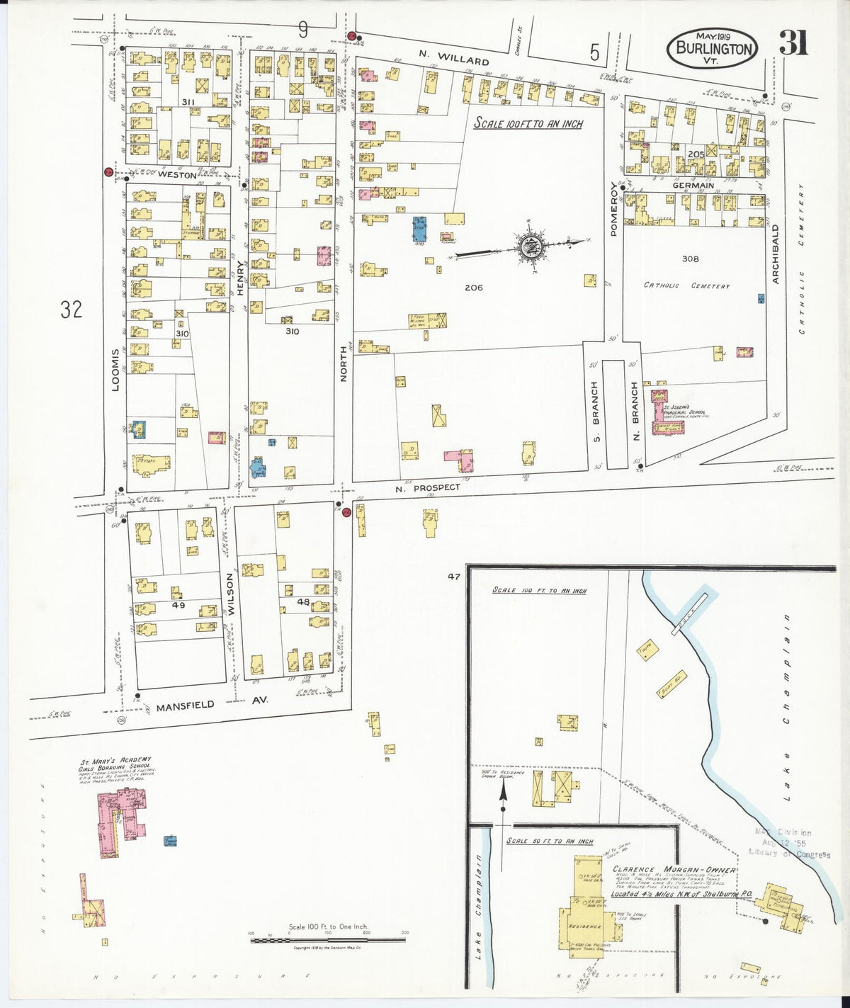 Sanborn Fire Insurance Map from Burlington, Chittenden County, Vermont (1919), Sheet #0031 - Historic Sanborn Fire Insurance Map Print, vintage old map wall art, antique decor, genealogy gift, Vermont Vermont map