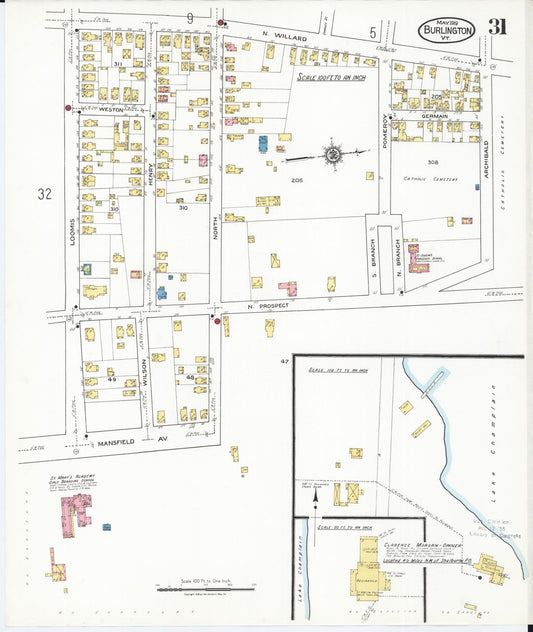 Sanborn Fire Insurance Map from Burlington, Chittenden County, Vermont (1919), Sheet #0031 - Historic Sanborn Fire Insurance Map Print, vintage old map wall art, antique decor, genealogy gift, Vermont Vermont map