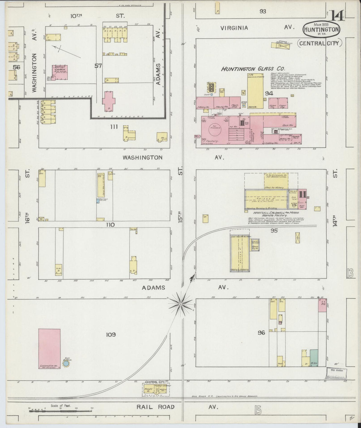 Sanborn Fire Insurance Map from Huntington, Cabell County, West Virginia (1893), Sheet #0014 - Historic Sanborn Fire Insurance Map Print, vintage old map wall art, antique decor, genealogy gift, West Virginia West Virginia map