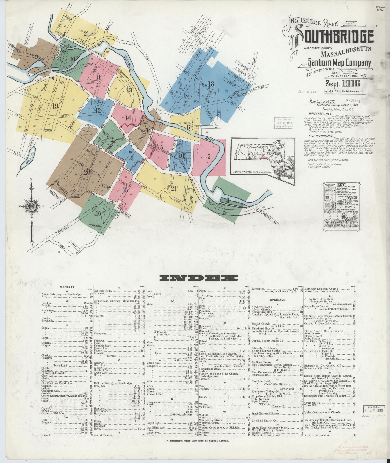 Sanborn Fire Insurance Map from Southbridge, Worcester County, Massachusetts (1918), Sheet #0001 - Historic Sanborn Fire Insurance Map Print, vintage old map wall art, antique decor, genealogy gift, Massachusetts Massachusetts map