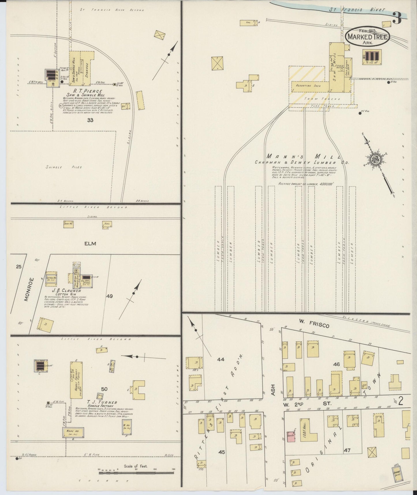 Sanborn Fire Insurance Map from Marked Tree, Poinsett County, Arkansas (1915), Sheet #0003 - Historic Sanborn Fire Insurance Map Print, vintage old map wall art, antique decor, genealogy gift, Arkansas Arkansas map