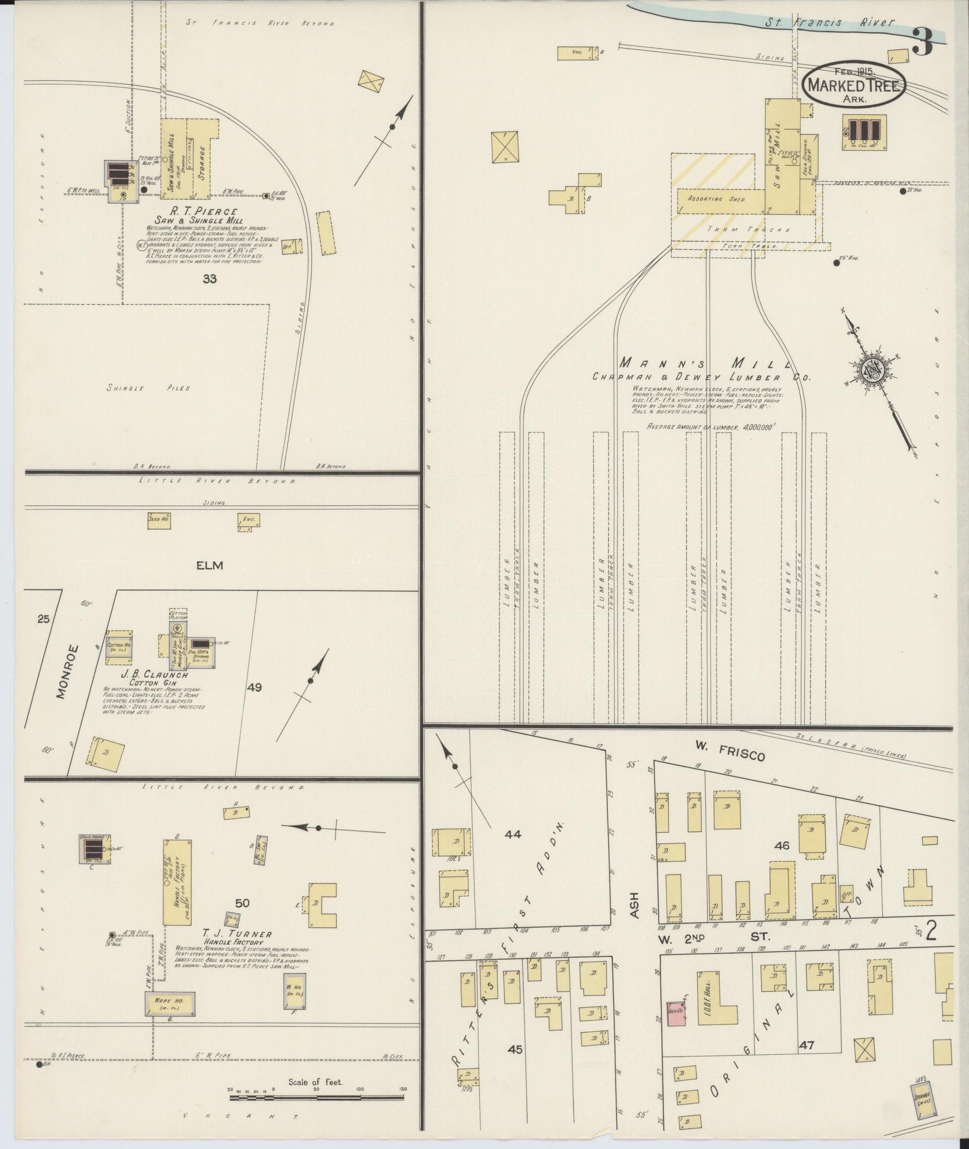 Sanborn Fire Insurance Map from Marked Tree, Poinsett County, Arkansas (1915), Sheet #0003 - Historic Sanborn Fire Insurance Map Print, vintage old map wall art, antique decor, genealogy gift, Arkansas Arkansas map