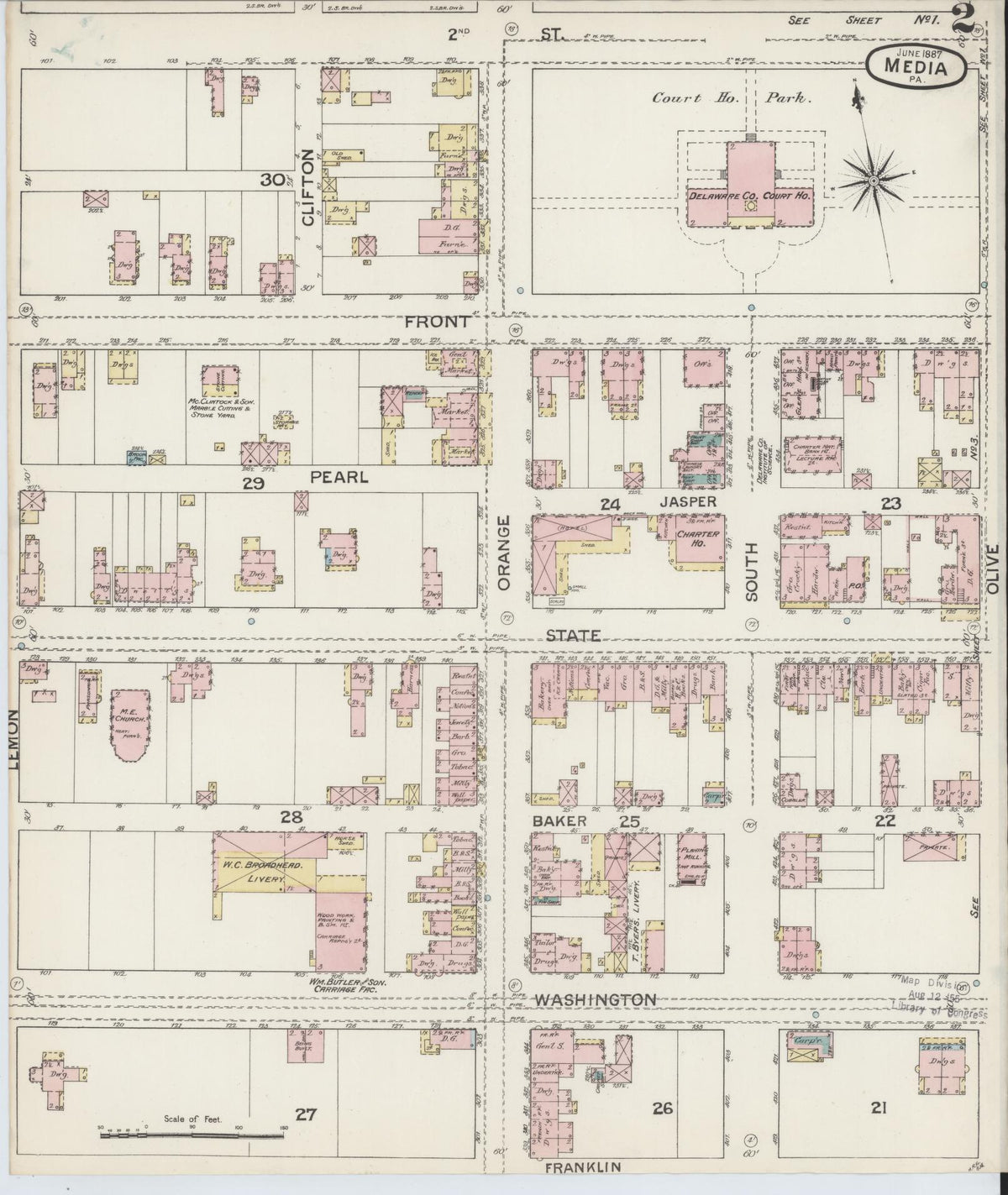 Sanborn Fire Insurance Map from Media, Delaware County, Pennsylvania (1887), Sheet #0002 - Historic Sanborn Fire Insurance Map Print, vintage old map wall art, antique decor, genealogy gift, Media Delaware map