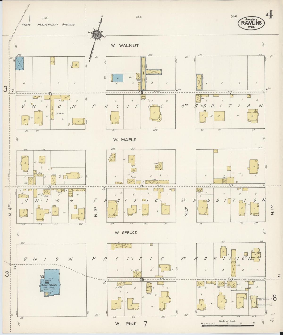 Sanborn Fire Insurance Map from Rawlins, Carbon County, Wyoming (1912), Sheet #0004 - Historic Sanborn Fire Insurance Map Print, vintage old map wall art, antique decor, genealogy gift, Wyoming Wyoming map