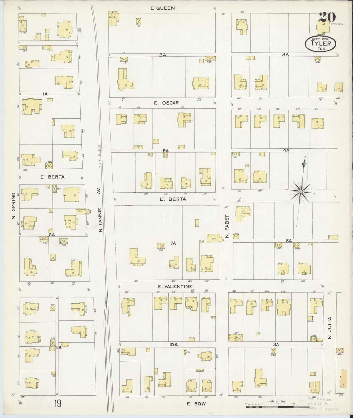 Sanborn Fire Insurance Map from Tyler, Smith County, Texas (1907), Sheet #0020 - Historic Sanborn Fire Insurance Map Print, vintage old map wall art, antique decor, genealogy gift, Texas Texas map