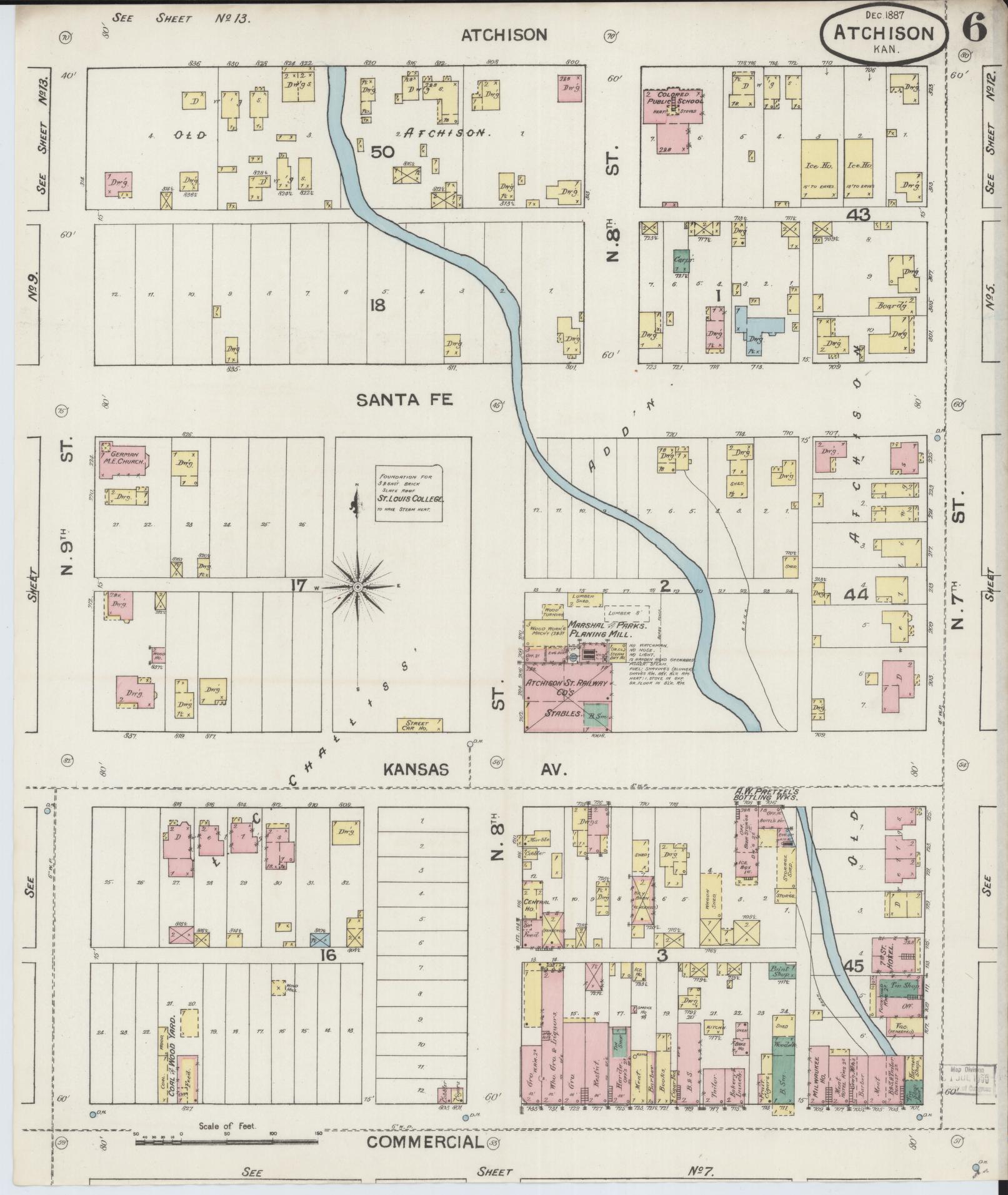Sanborn Fire Insurance Map from Atchison, Atchison County, Kansas (1887), Sheet #0006 - Historic Sanborn Fire Insurance Map Print, vintage old map wall art, antique decor, genealogy gift, Kansas Kansas map
