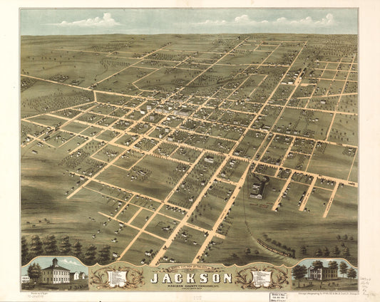 Bird's eye view of the city of Jackson, Madison County, Tennessee 1870. (1870) – Historic Bird’s-Eye View Panorama Print