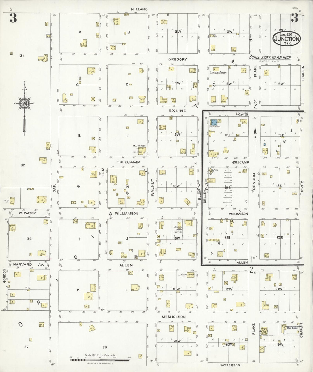 Sanborn Fire Insurance Map from Junction, Kimble County, Texas (1926), Sheet #0003 - Complete Map Set gallery image, historic Sanborn map, vintage wall art, Texas Texas