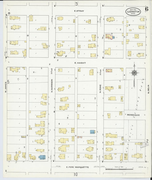 Sanborn Fire Insurance Map from Ludington, Mason County, Michigan (1910), Sheet #0006 - Historic Sanborn Fire Insurance Map Print, vintage old map wall art, antique decor, genealogy gift, Michigan Michigan map