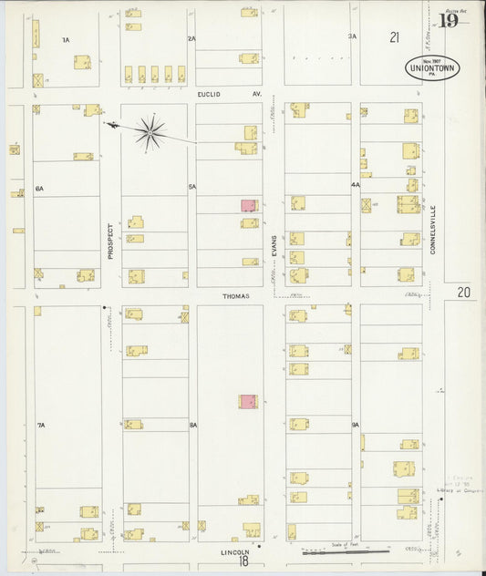 Sanborn Fire Insurance Map from Uniontown, Fayette County, Pennsylvania (1907), Sheet #0019 - Historic Sanborn Fire Insurance Map Print, vintage old map wall art, antique decor, genealogy gift, Pennsylvania Pennsylvania map