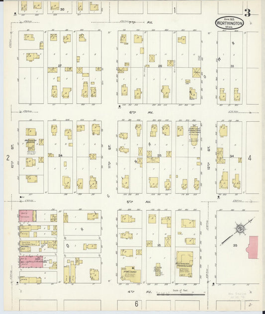 Sanborn Fire Insurance Map from Worthington, Nobles County, Minnesota (1913), Sheet #0003 - Historic Sanborn Fire Insurance Map Print, vintage old map wall art, antique decor, genealogy gift, Minnesota Minnesota map