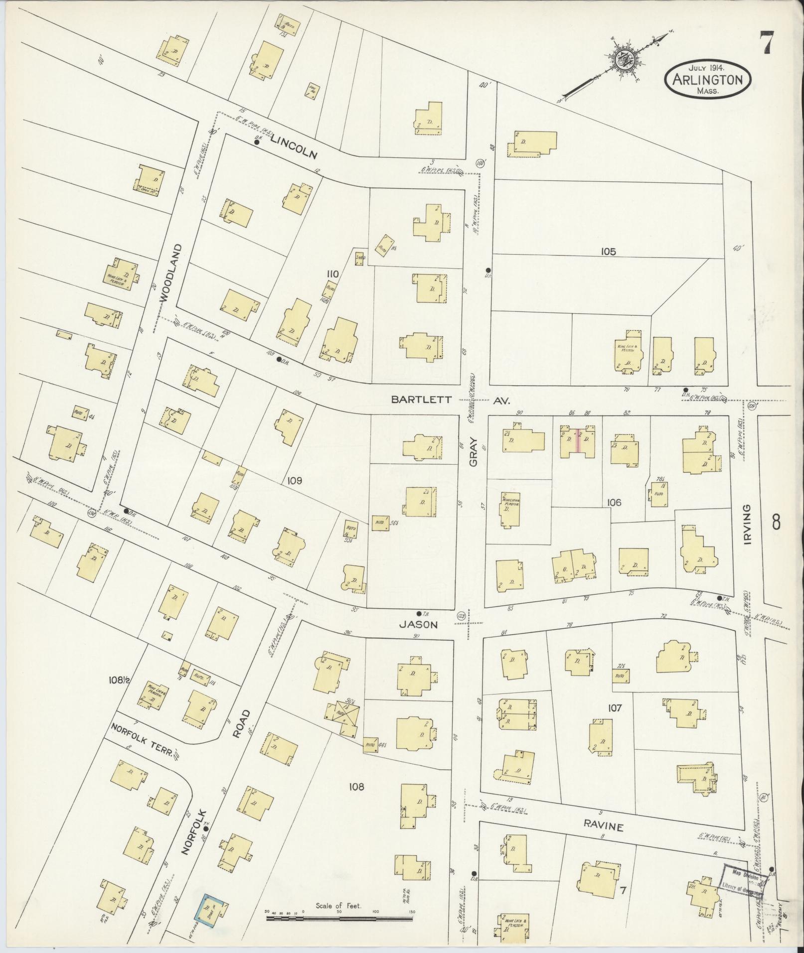 Sanborn Fire Insurance Map from Arlington, Middlesex County, Massachusetts (1914), Sheet #0007 - Complete Map Set gallery image, historic Sanborn map, vintage wall art, Massachusetts Massachusetts