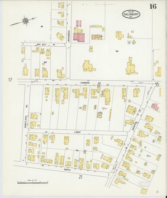 Sanborn Fire Insurance Map from Salisbury, Wicomico County, Maryland (1911), Sheet #0016 - Historic Sanborn Fire Insurance Map Print, vintage old map wall art, antique decor, genealogy gift, Maryland Maryland map