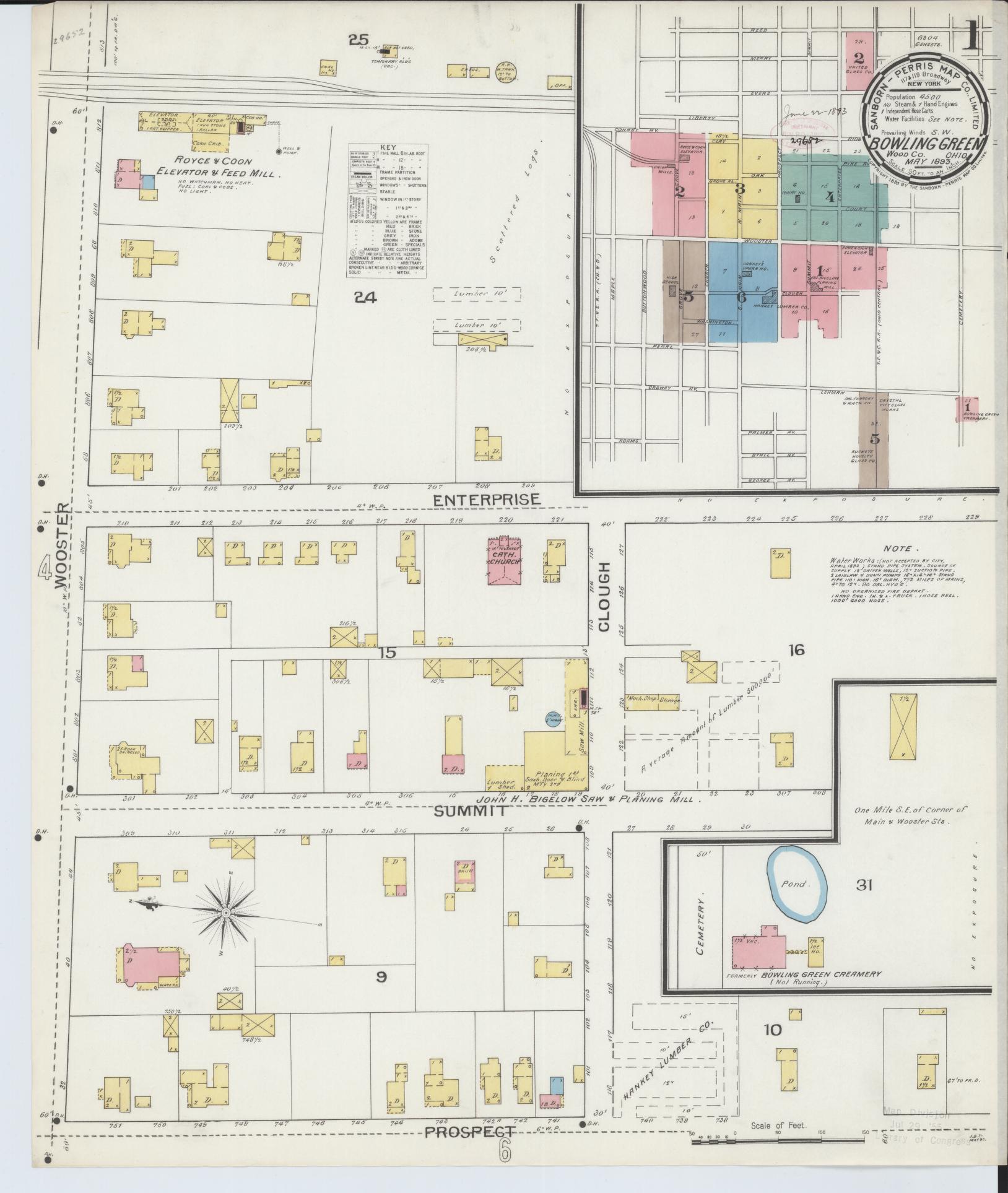 Sanborn Fire Insurance Map from Bowling Green, Wood County, Ohio (1893), Sheet #0001 - Historic Sanborn Fire Insurance Map Print, vintage old map wall art, antique decor, genealogy gift, Ohio Ohio map