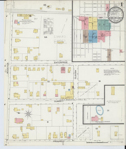 Sanborn Fire Insurance Map from Bowling Green, Wood County, Ohio (1893), Sheet #0001 - Historic Sanborn Fire Insurance Map Print, vintage old map wall art, antique decor, genealogy gift, Ohio Ohio map