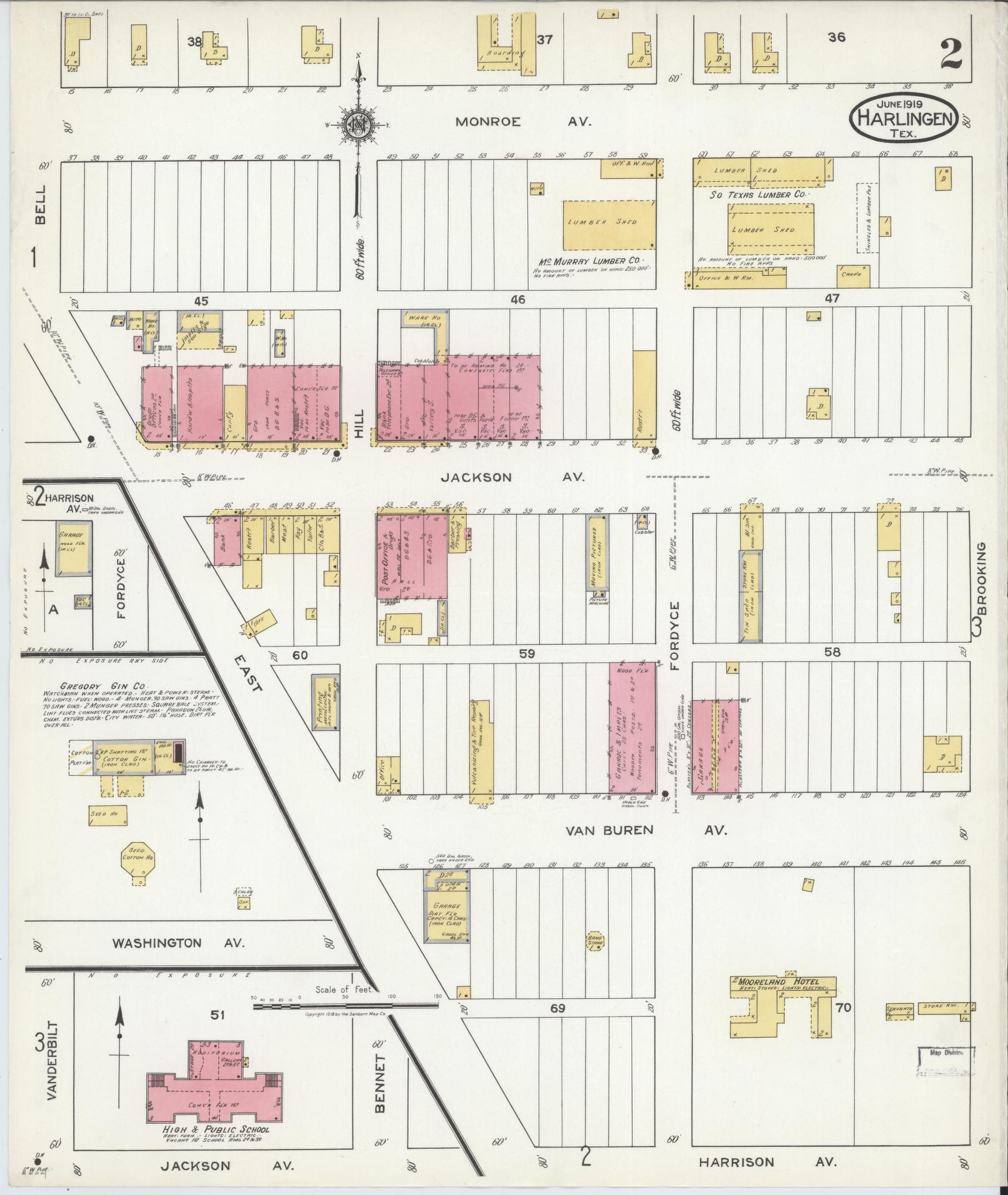Sanborn Fire Insurance Map from Harlingen, Cameron County, Texas (1919), Sheet #0002 - Complete Map Set gallery image, historic Sanborn map, vintage wall art, Texas Texas