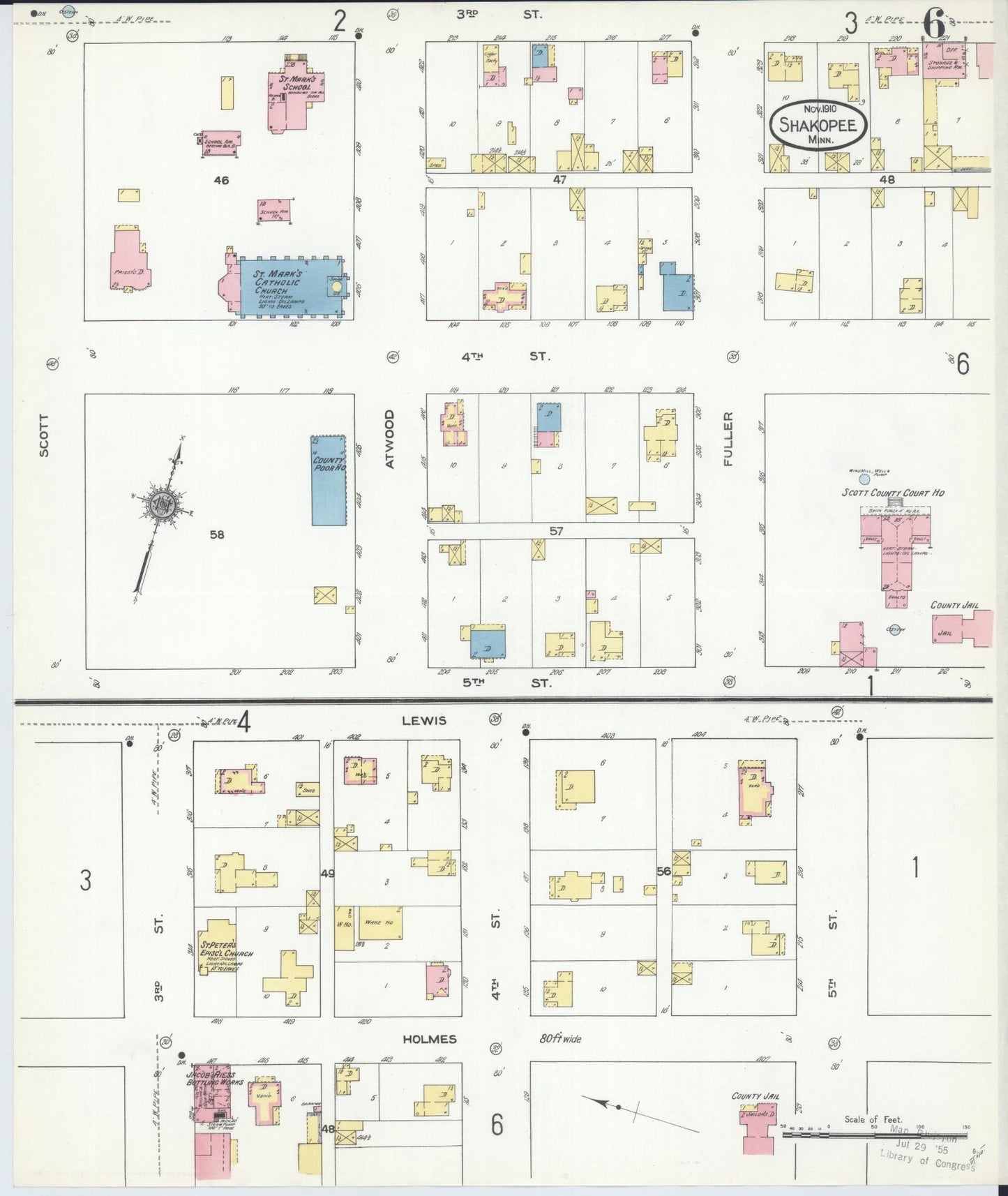 Sanborn Fire Insurance Map from Shakopee, Scott County, Minnesota (1910), Sheet #0006 - Historic Sanborn Fire Insurance Map Print, vintage old map wall art, antique decor, genealogy gift, Minnesota Minnesota map