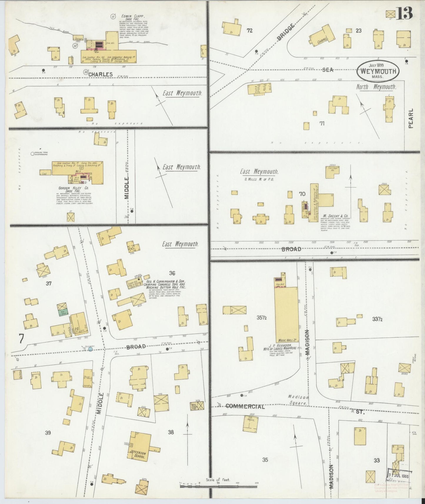 Sanborn Fire Insurance Map from Weymouth, Norfolk County, Massachusetts (1899), Sheet #0013 - Complete Map Set gallery image, historic Sanborn map, vintage wall art, Massachusetts Massachusetts