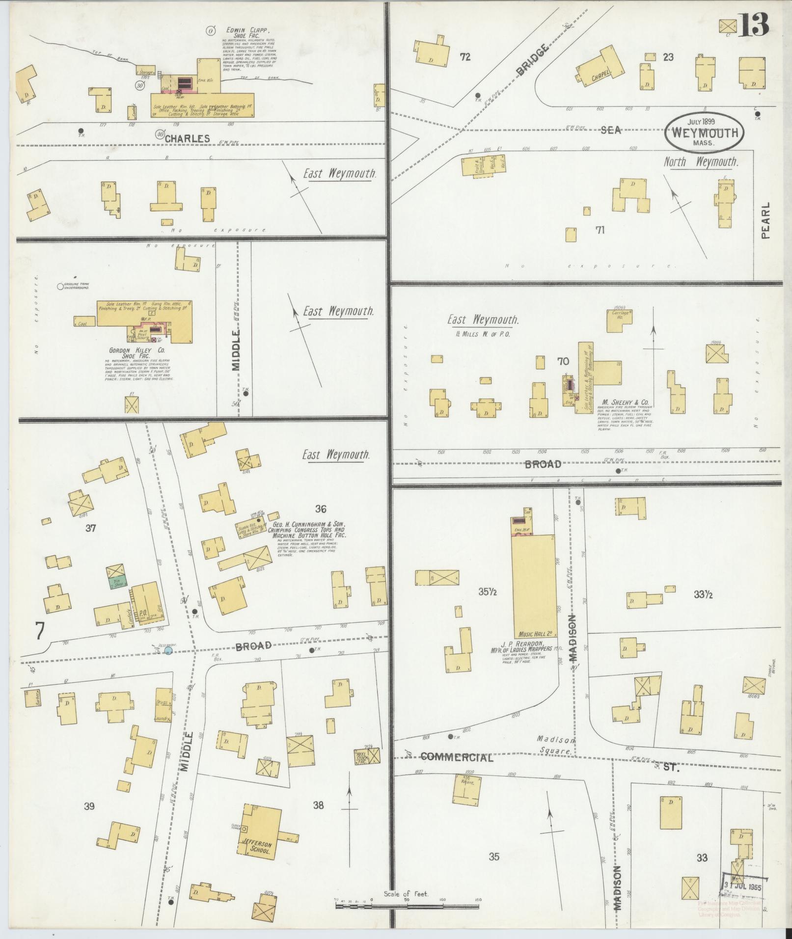 Sanborn Fire Insurance Map from Weymouth, Norfolk County, Massachusetts (1899), Sheet #0013 - Complete Map Set gallery image, historic Sanborn map, vintage wall art, Massachusetts Massachusetts