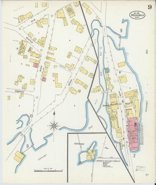 Sanborn Fire Insurance Map from Brunswick, Cumberland County, Maine (1906), Sheet #0009 - Historic Sanborn Fire Insurance Map Print, vintage old map wall art, antique decor, genealogy gift, Maine Maine map