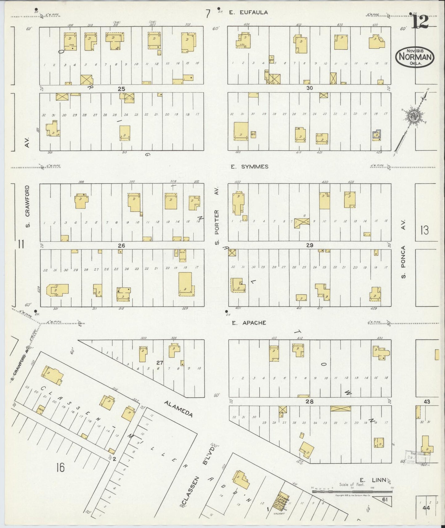 Sanborn Fire Insurance Map from Norman, Cleveland County, Oklahoma (1918), Sheet #0012 - Complete Map Set gallery image, historic Sanborn map, vintage wall art, Oklahoma Oklahoma