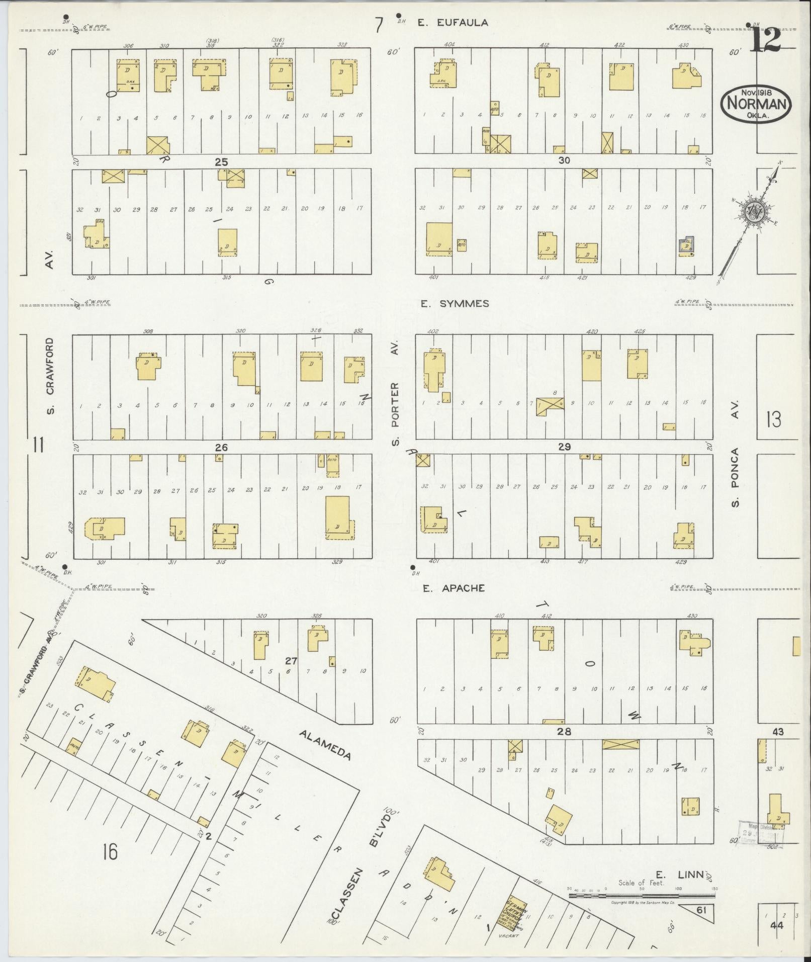 Sanborn Fire Insurance Map from Norman, Cleveland County, Oklahoma (1918), Sheet #0012 - Complete Map Set gallery image, historic Sanborn map, vintage wall art, Oklahoma Oklahoma