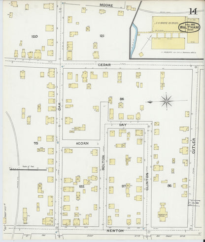 Sanborn Fire Insurance Map from Waltham, Middlesex County, Massachusetts (1892), Sheet #0014 - Historic Sanborn Fire Insurance Map Print, vintage old map wall art, antique decor, genealogy gift, Massachusetts Massachusetts map