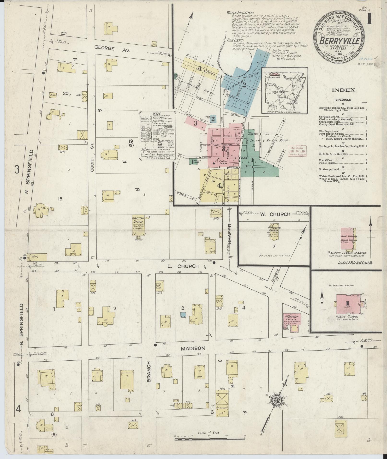 Sanborn Fire Insurance Map from Berryville, Carroll County, Arkansas (1914), Sheet #0001 - Complete Map Set gallery image, historic Sanborn map, vintage wall art, Arkansas Arkansas