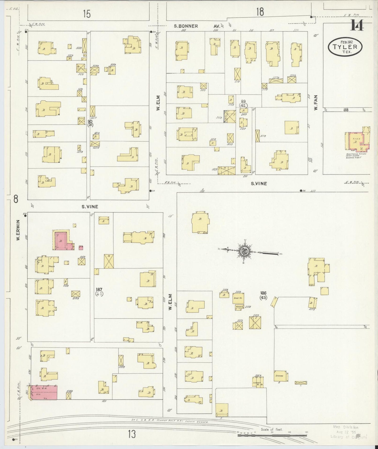Sanborn Fire Insurance Map from Tyler, Smith County, Texas (1912), Sheet #0014 - Historic Sanborn Fire Insurance Map Print, vintage old map wall art, antique decor, genealogy gift, Texas Texas map