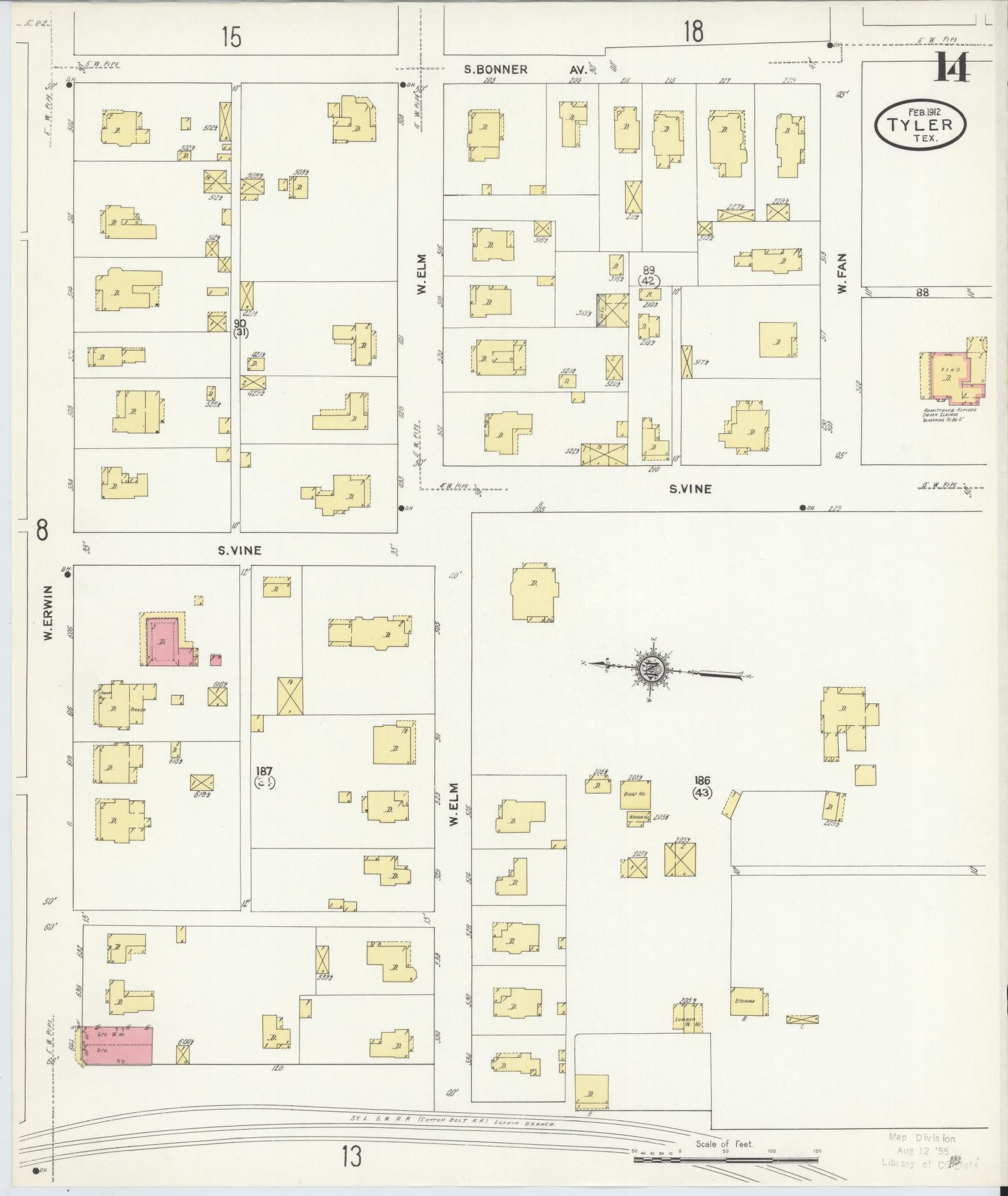 Sanborn Fire Insurance Map from Tyler, Smith County, Texas (1912), Sheet #0014 - Historic Sanborn Fire Insurance Map Print, vintage old map wall art, antique decor, genealogy gift, Texas Texas map