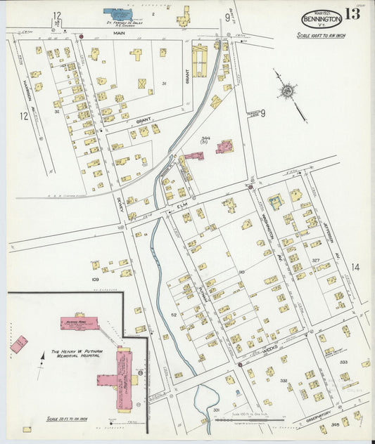 Sanborn Fire Insurance Map from Bennington, Bennington County, Vermont (1921), Sheet #0013 - Historic Sanborn Fire Insurance Map Print, vintage old map wall art, antique decor, genealogy gift, Vermont Vermont map